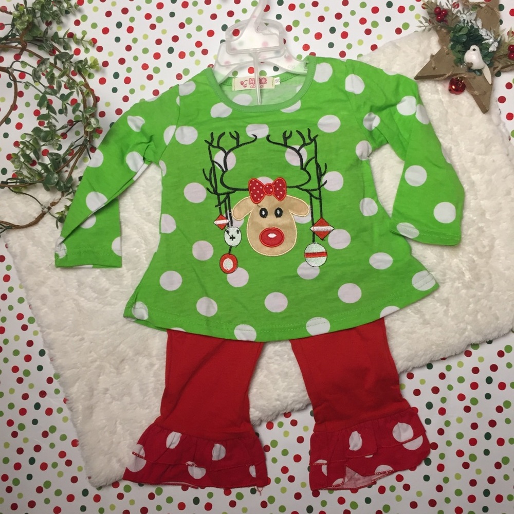 🎄2 Pc Boutique Reindeer Polka Dot Ruffle Outfit Toddler Girls